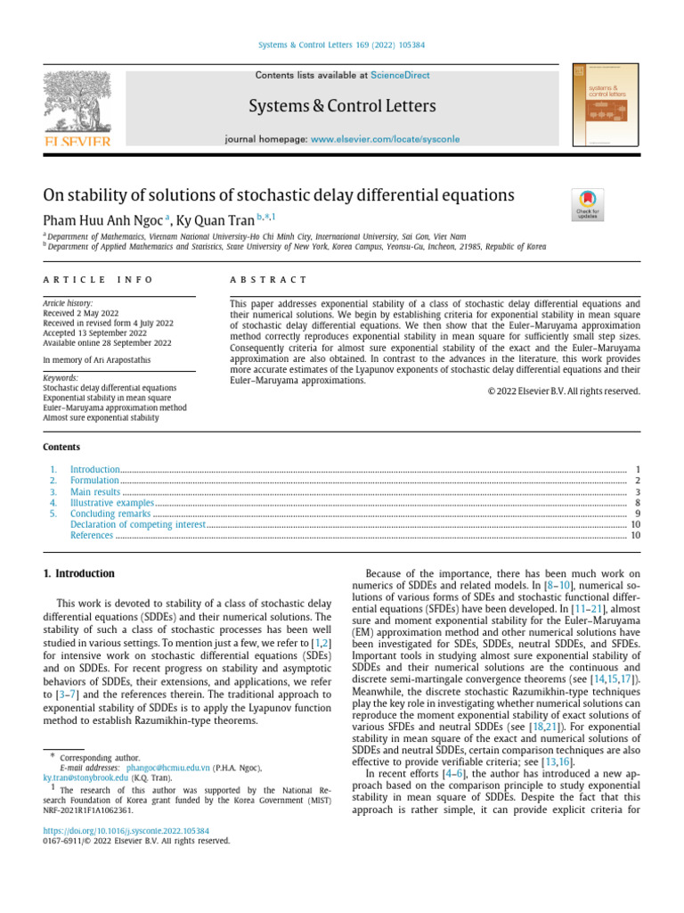 Stability of Stochastic Delay Differential Equations | PDF | Stability ...