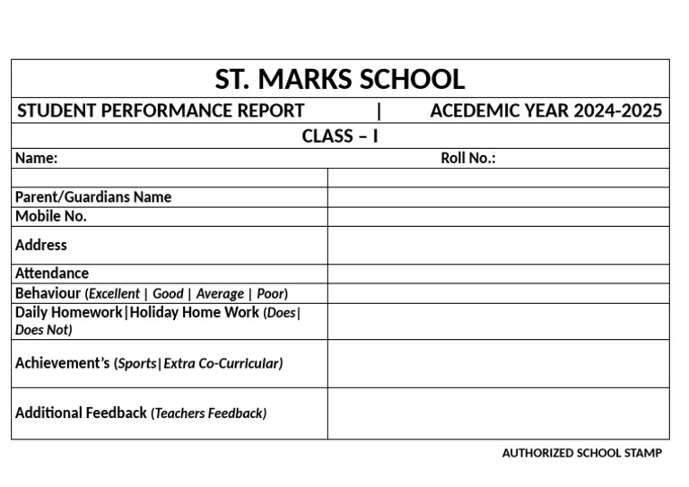 St. Marks School Class I Performance Report | PDF