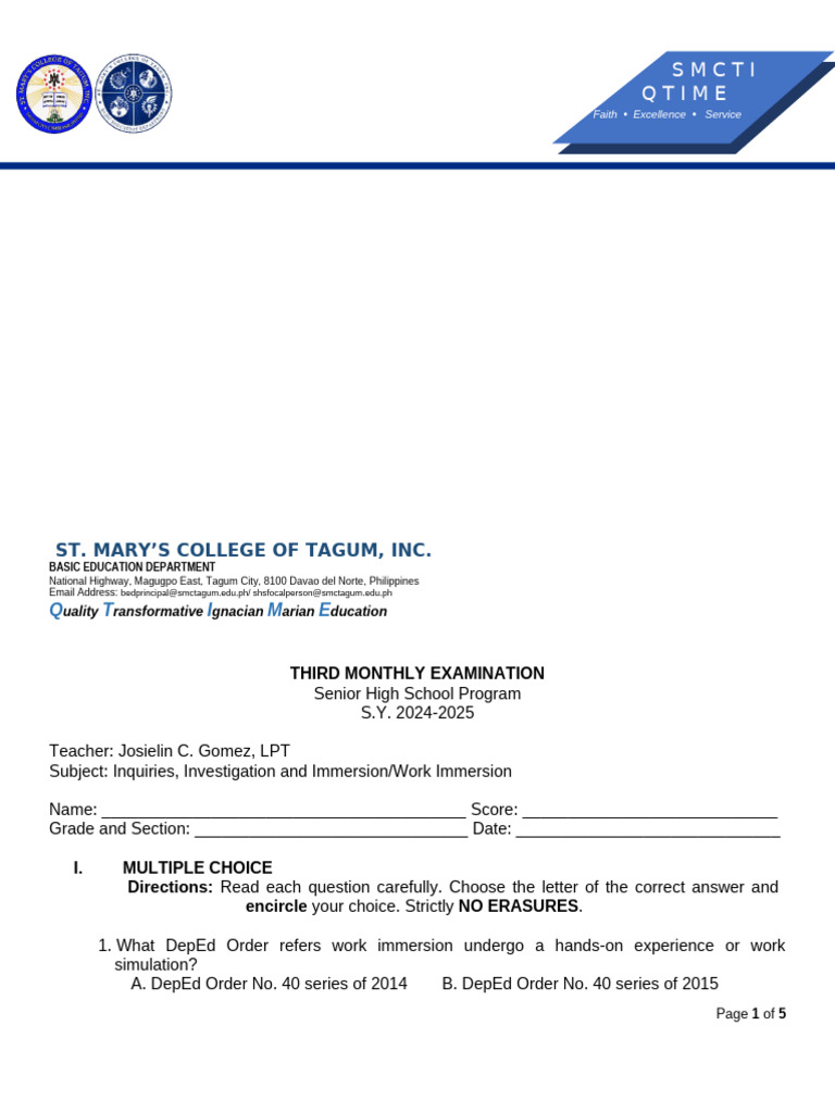 Senior High School Work Immersion Exam | PDF | Employment | Economies