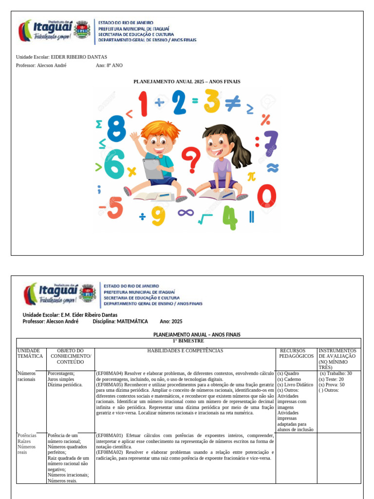 Planejamento Anual de Matemática 2025 | PDF | Equações | Números