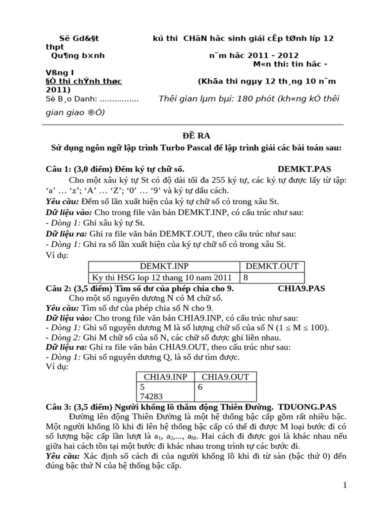 De Thi HSG Tin 12 - 2011 2012 Vong 1 | PDF