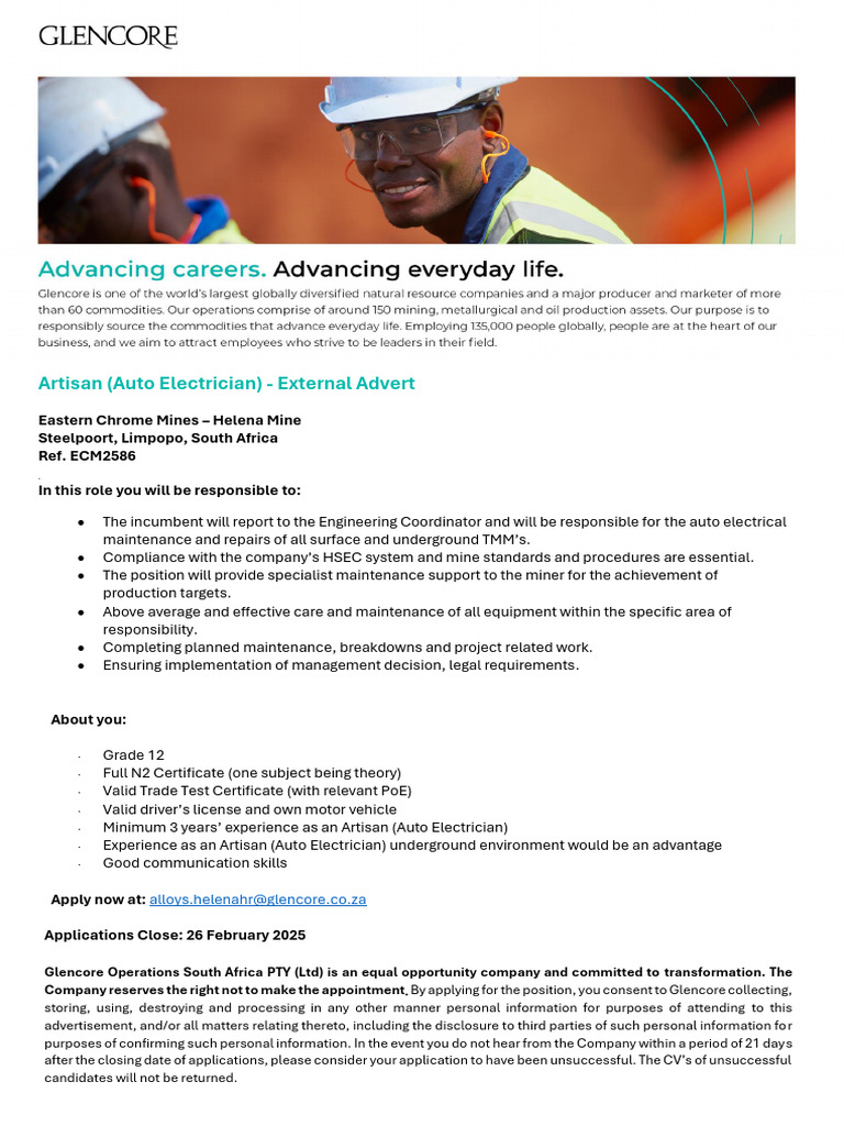 Artisan Auto Electrician Job In Limpopo Pdf