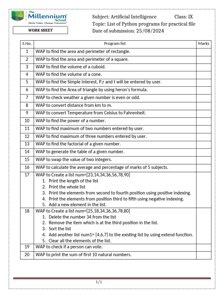 List of Programs For Practical File 2024 Class 9th | PDF