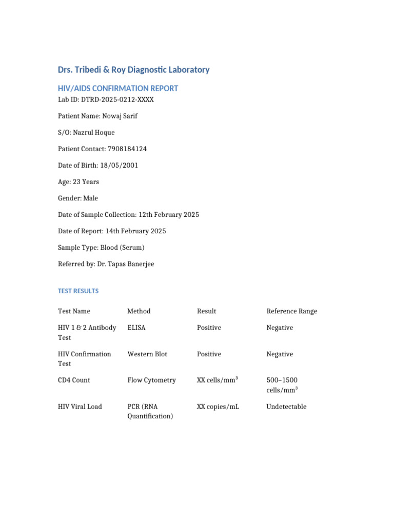 HIV/AIDS Confirmation Report Sample | PDF