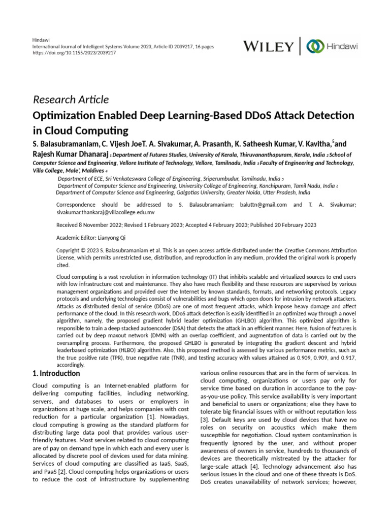 Optimization Enabled Deep Learning-Based DDoS Attack Detection in Cloud ...