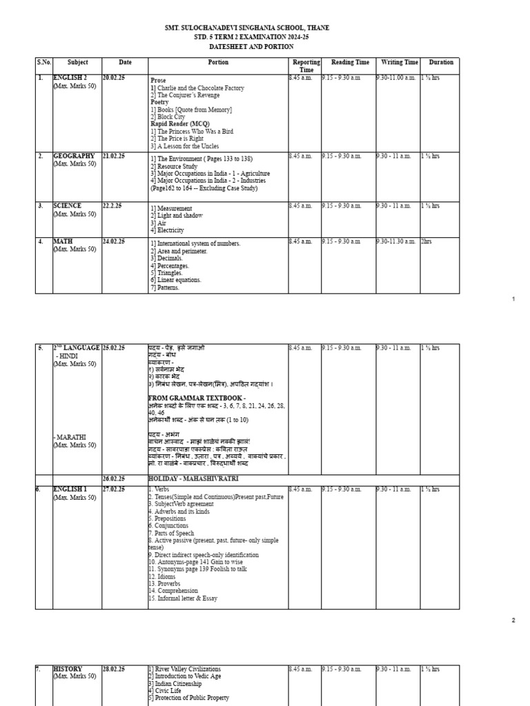 Term 2 Exam Datesheet for Std 5 | PDF | Grammatical Tense | Grammar