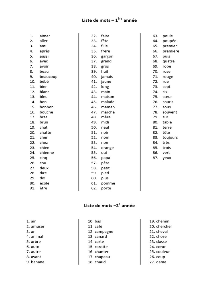 Liste de mots par année scolaire | PDF