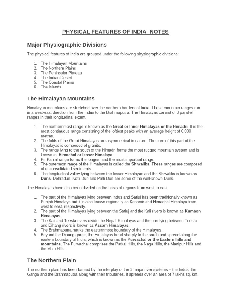 G9 Physical Features of India - Notes | PDF | Himalayas | Landscape