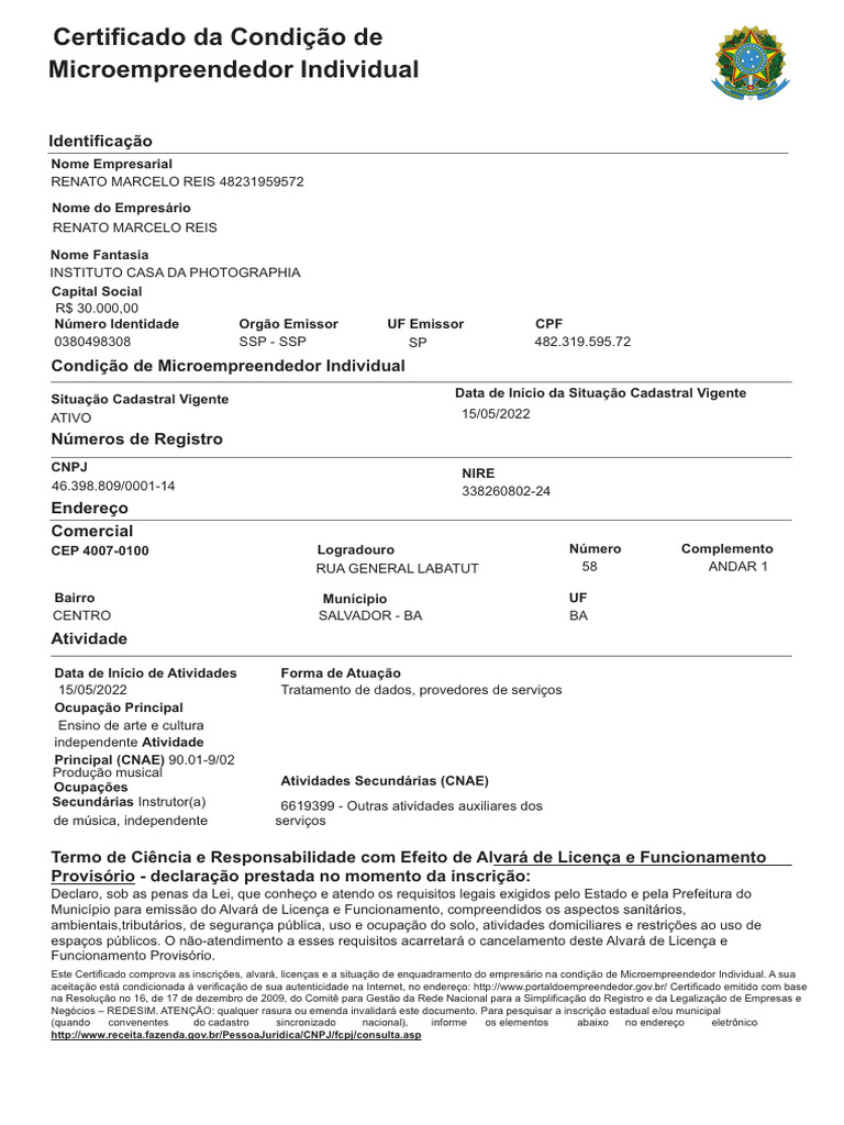 Certificado de Microempreendedor Individual | PDF