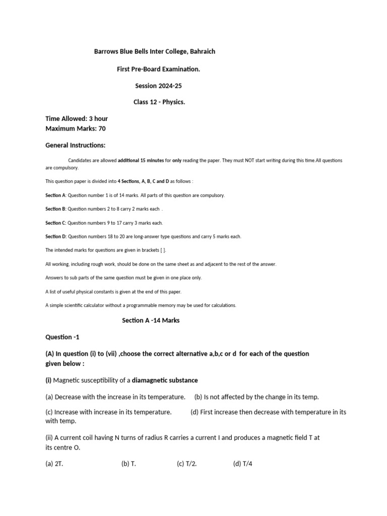 Class 12 Physics Pre-Board Exam 2024-25 | PDF | Electromagnetic ...