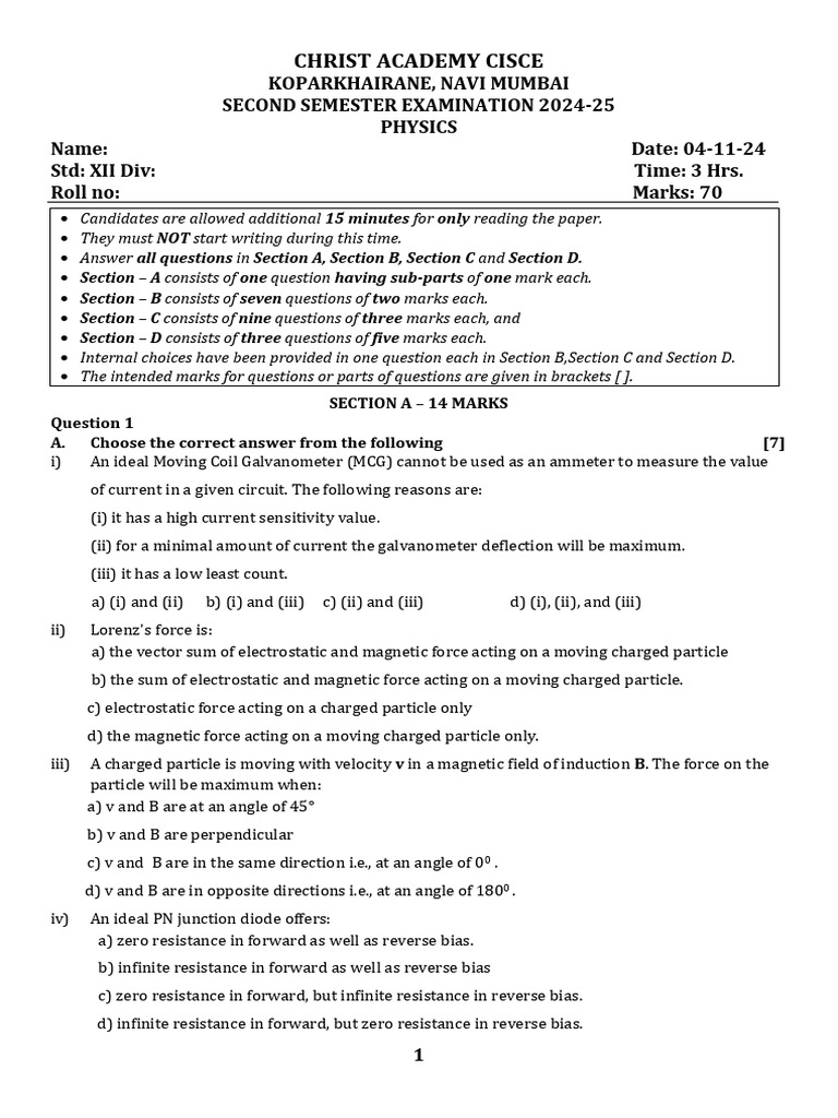 Grade 12 Physics Exam Paper 2024-25 | PDF | P–N Junction | Electric Field