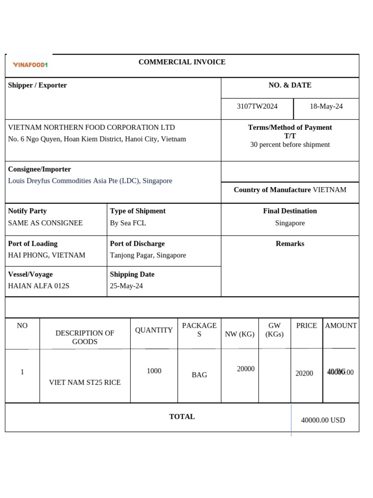 Commercial Invoice for Vietnam Rice Export | PDF