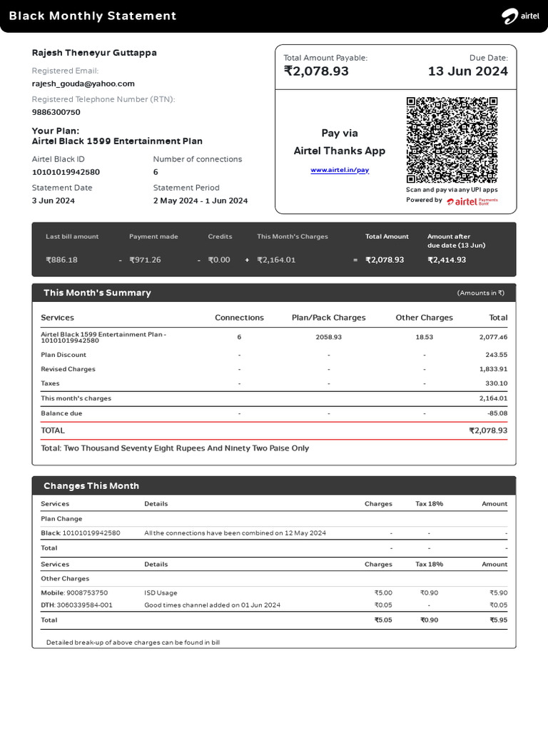 Airtel Black 1599 Plan Bill Summary | PDF | Credit Card | Payments