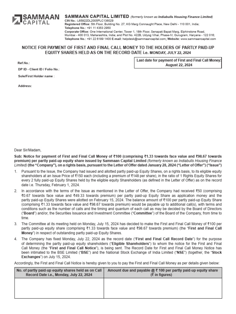 Final Call Notice for Sammaan Capital | PDF | Equity (Finance) | Equity ...