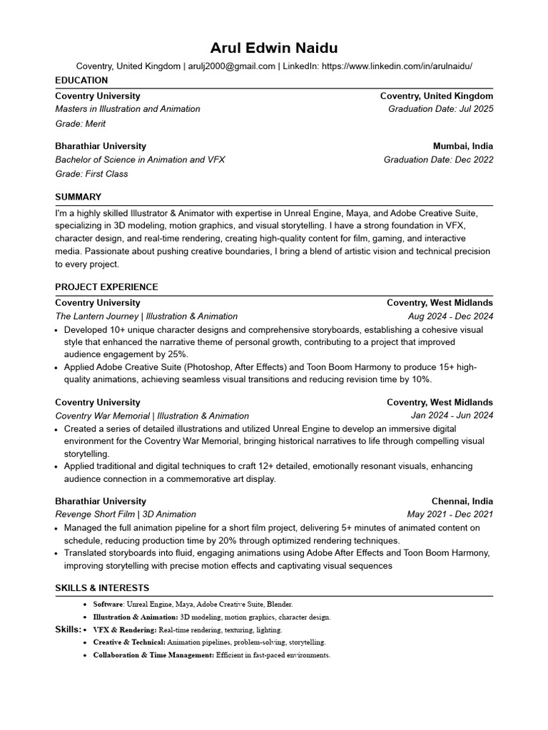 Aaron Edwin Arul's Animation Resume | PDF | Animation | 3 D Computer ...