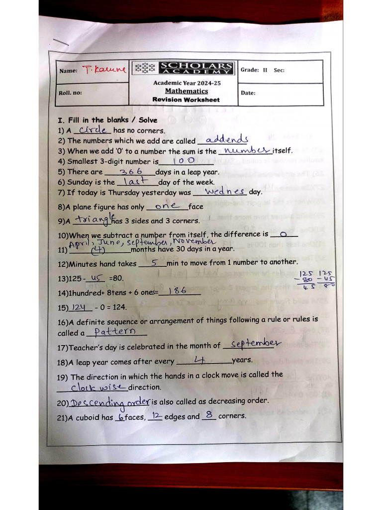 Grade 2 Math HY Revision Key | PDF