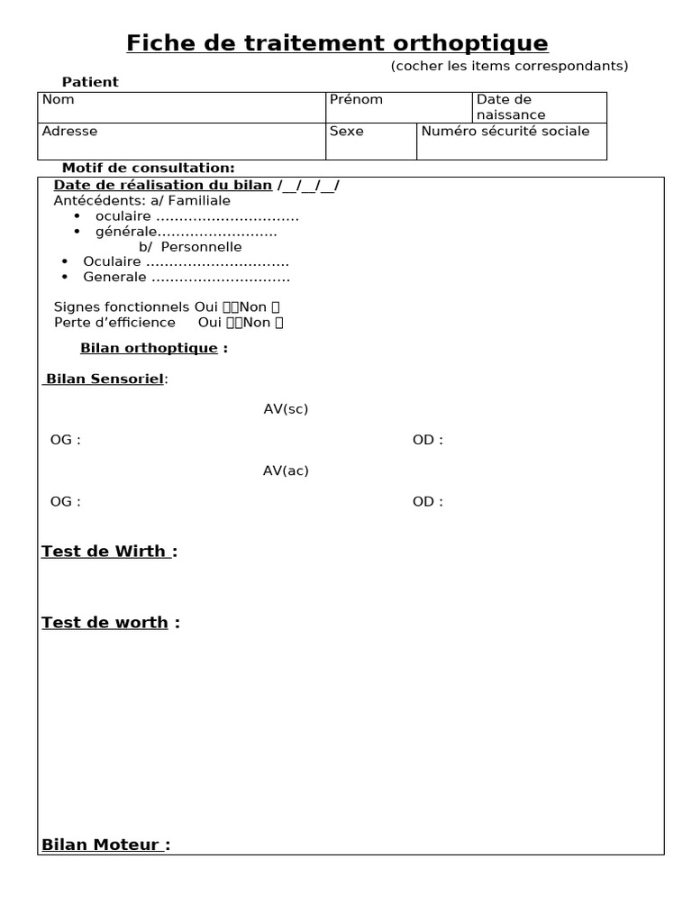 Fiche de traitement orthoptique détaillée | PDF