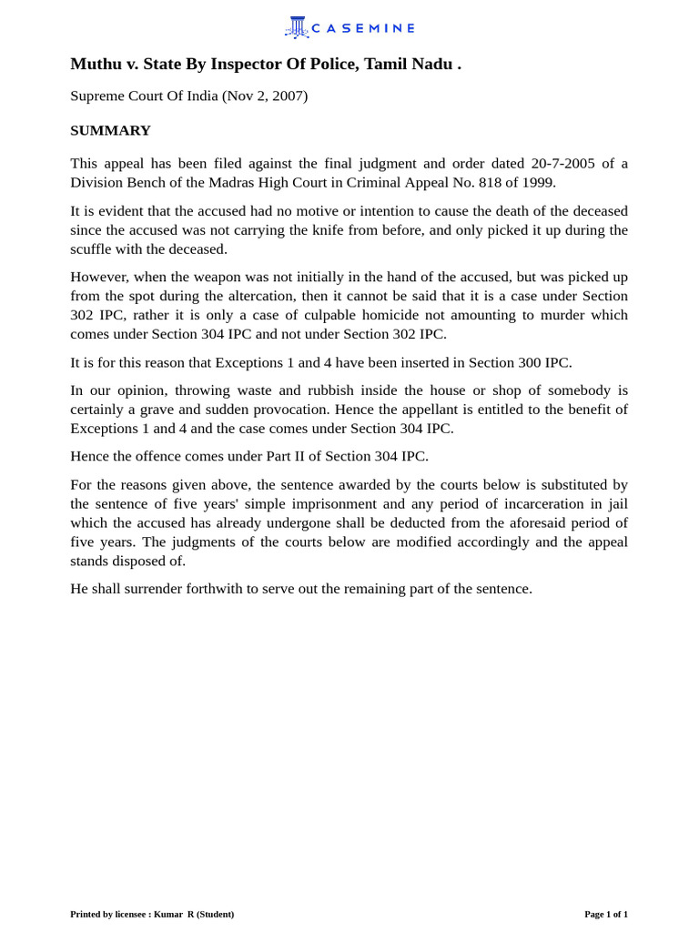 CASEMINE - Muthu v. State by Inspector of Police, Tamil Nadu - Summary ...