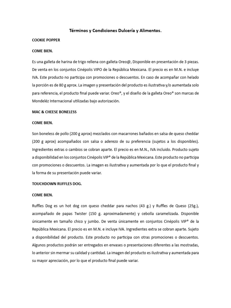 Terminos y Condiciones Alimentos Sem 06 MX | PDF | Alimentos | Cocina