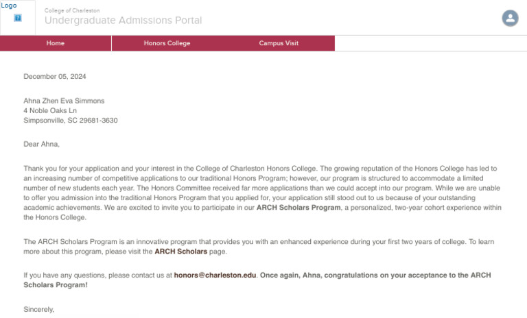 College of Charleston ARCH Scholars Invitation | PDF