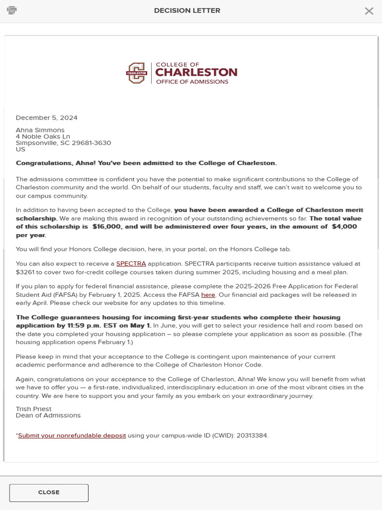 Cofc Admission And Scholarship Details Pdf Secure Communication