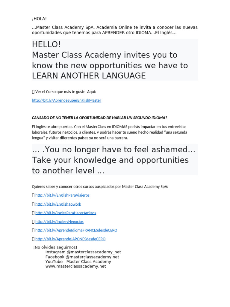 Aprende Inglés con Master Class Academy | PDF
