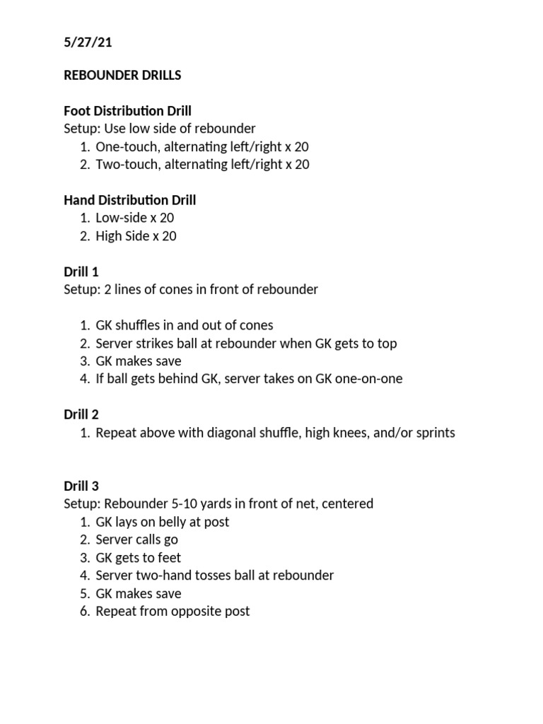 Goalkeeper Rebounder Training Drills | PDF