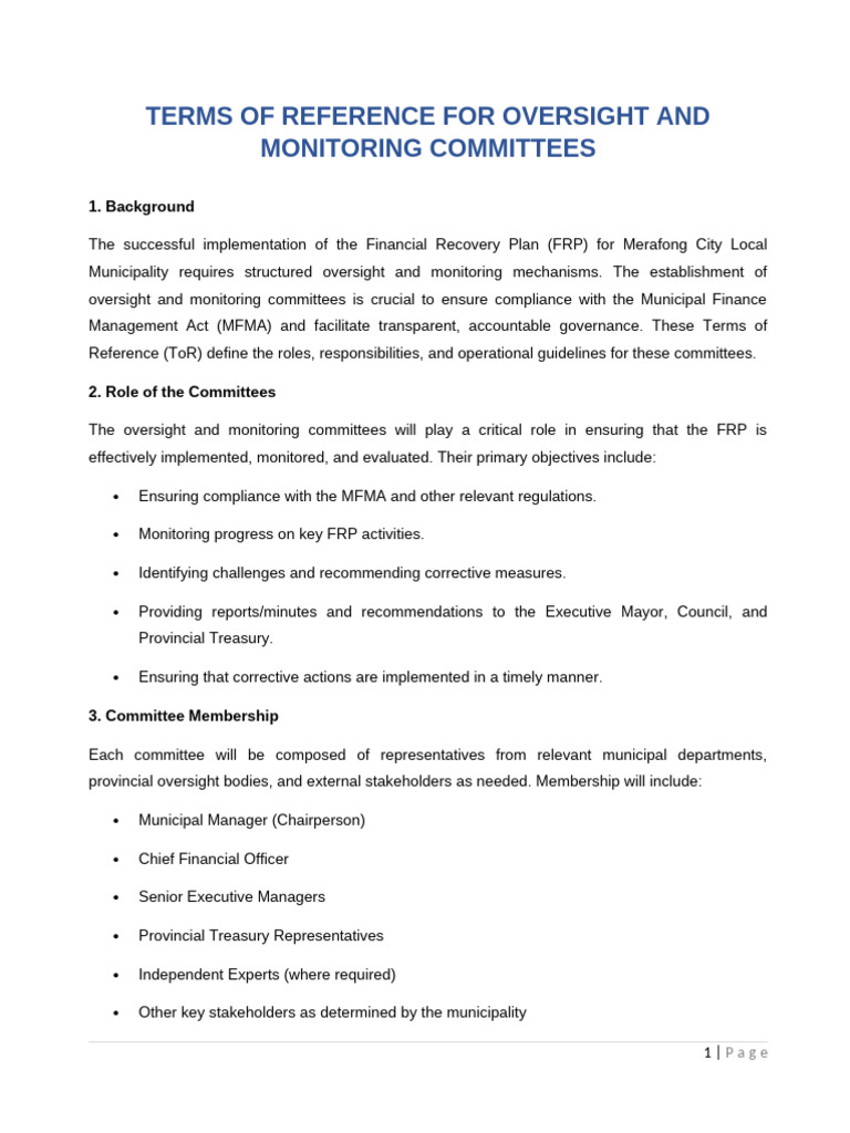 Terms of Reference For Oversight and Monitoring Committees | PDF ...