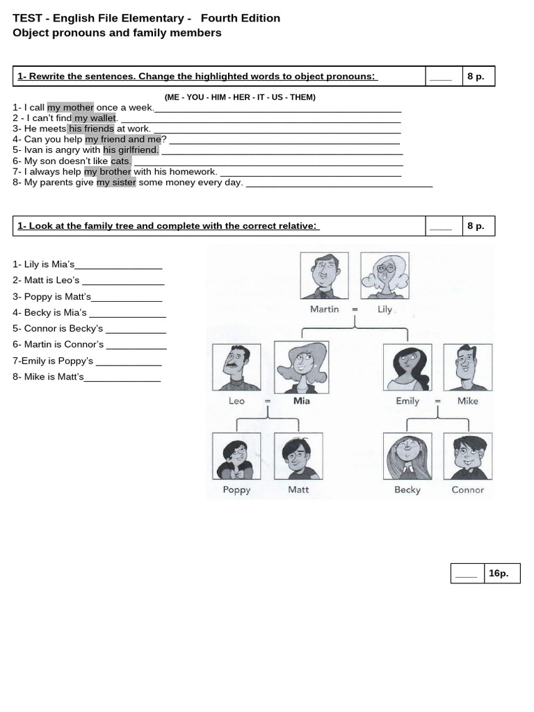 TEST - English File Elementary - Object Pronouns and Family Members | PDF
