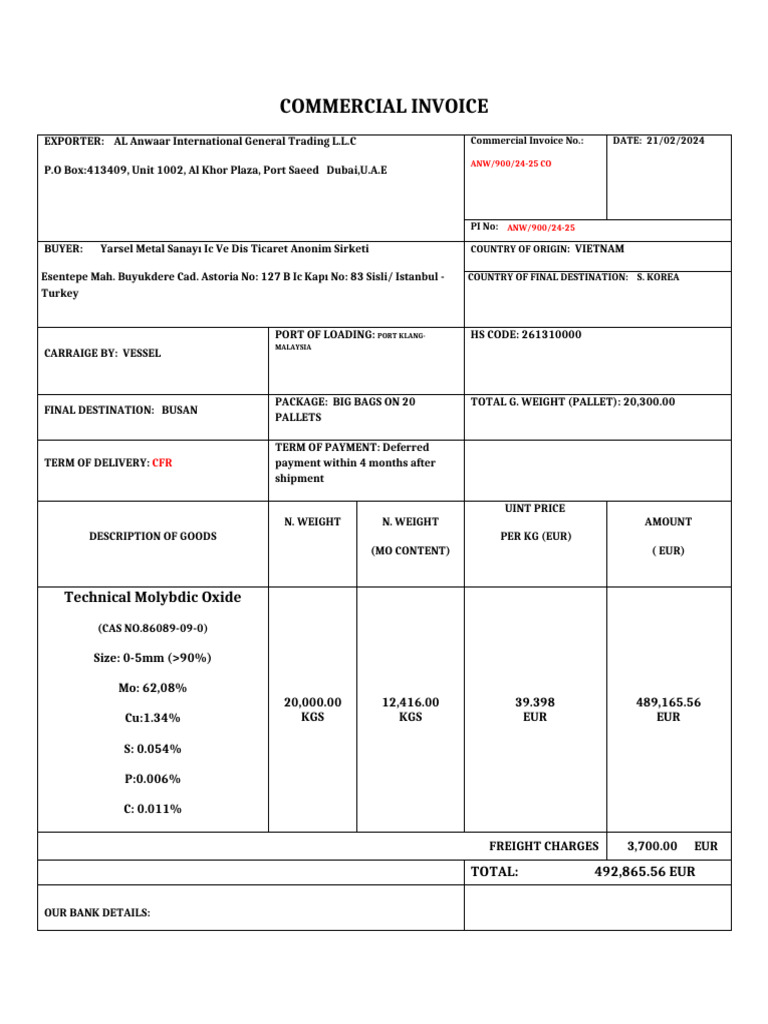 Commercial Invoice for Molybdic Oxide Export | PDF | Freight Transport ...