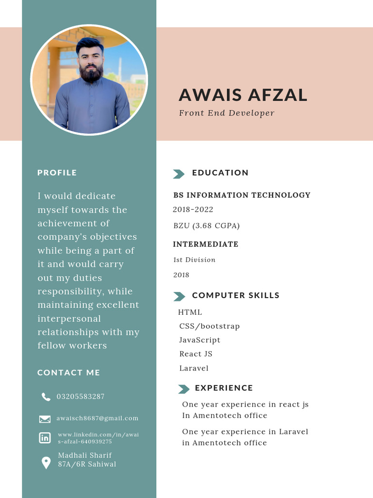 Front End Developer Profile - Awais Afzal | PDF