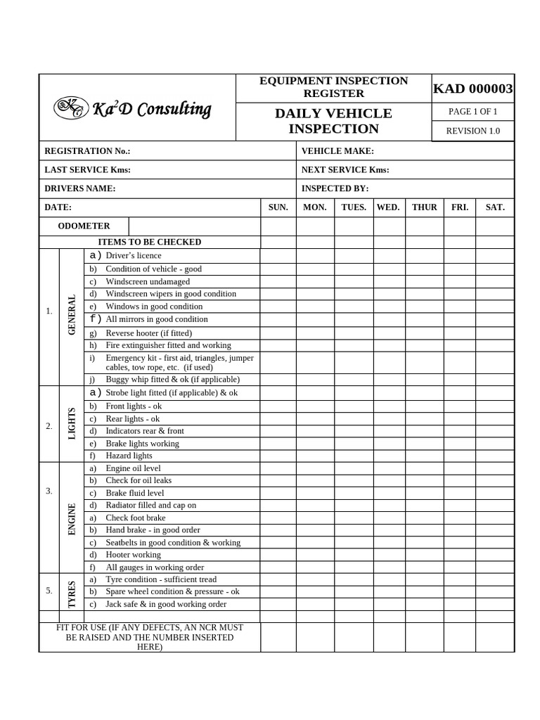 Daily Vehicle Inspection Checklist | PDF | Wheeled Vehicles | Vehicles