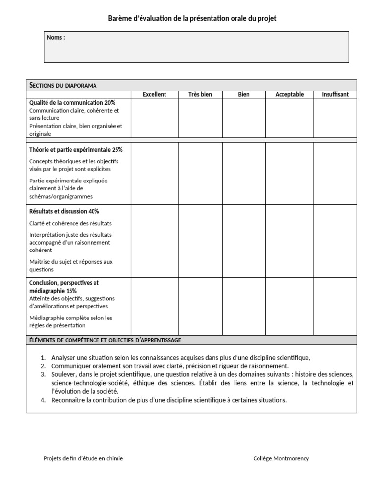Barème d'évaluation présentation orale | PDF