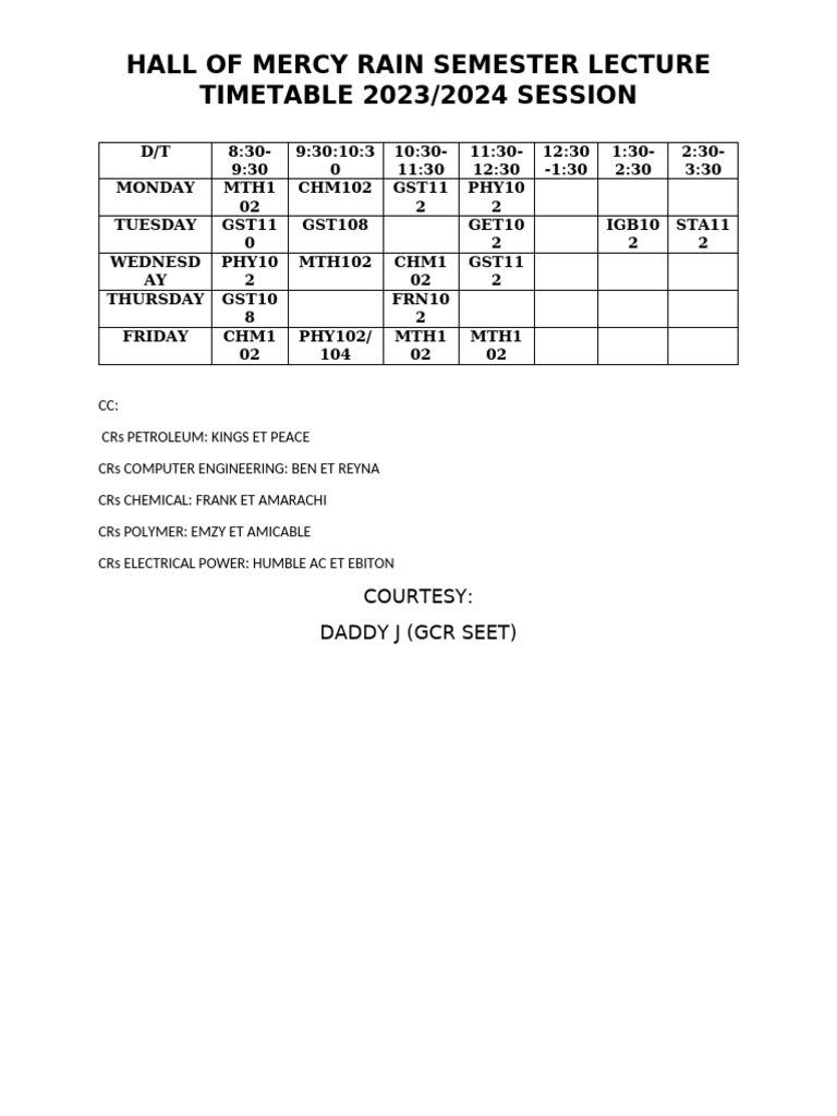 Hall of Mercy Rain Lecture Timetable 2023 | PDF