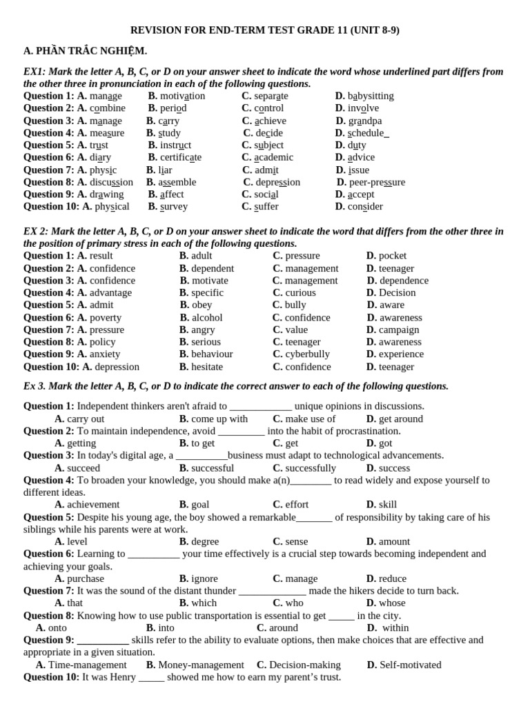 Grade 11 End-Term Test Revision Guide | PDF | Adolescence | Bullying