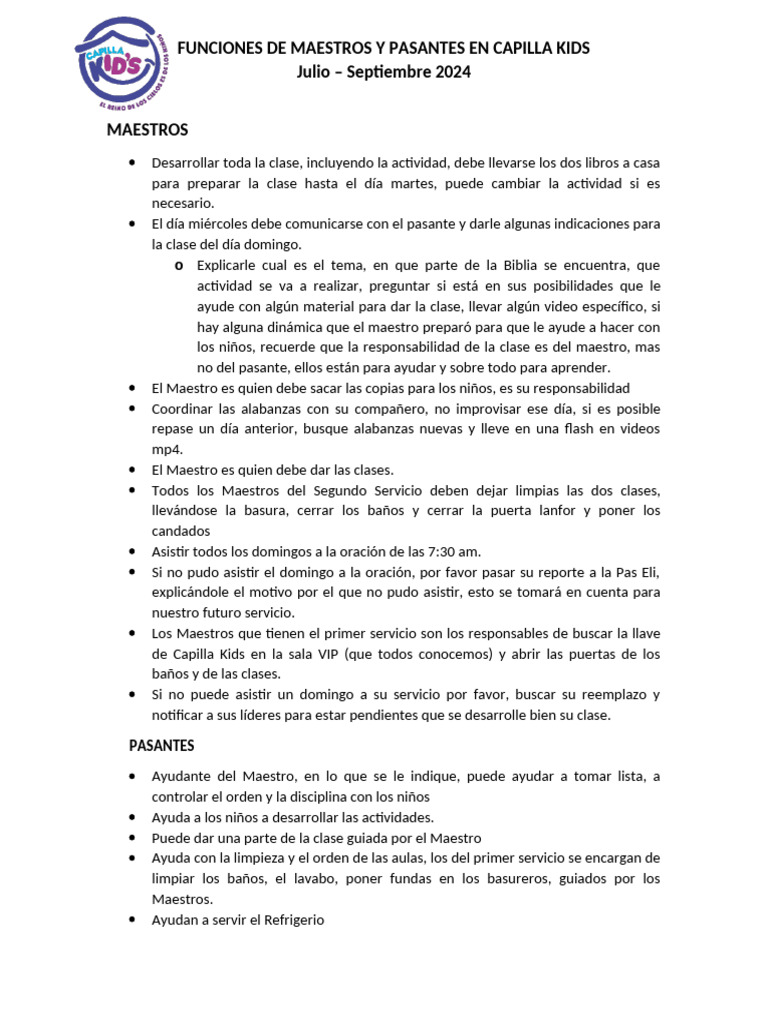 Funciones de Maestros y Pasantes en Capilla Kids | PDF