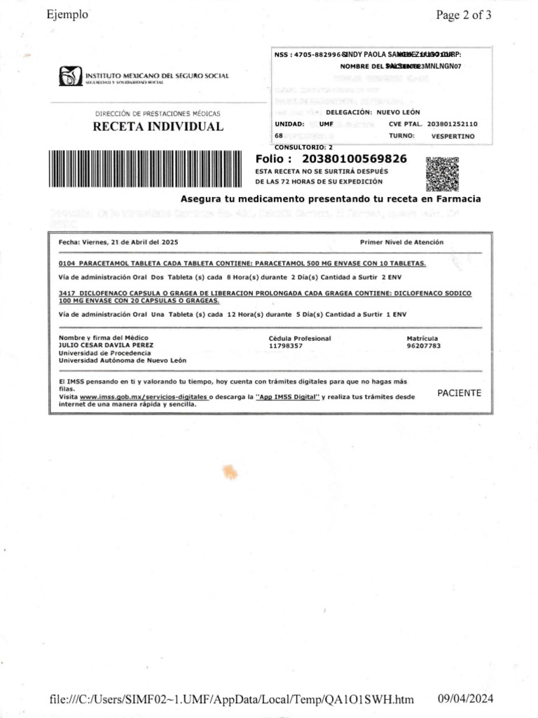 Receta Médica IMSS para Paciente 2025 | PDF | Farmacología | Terapia