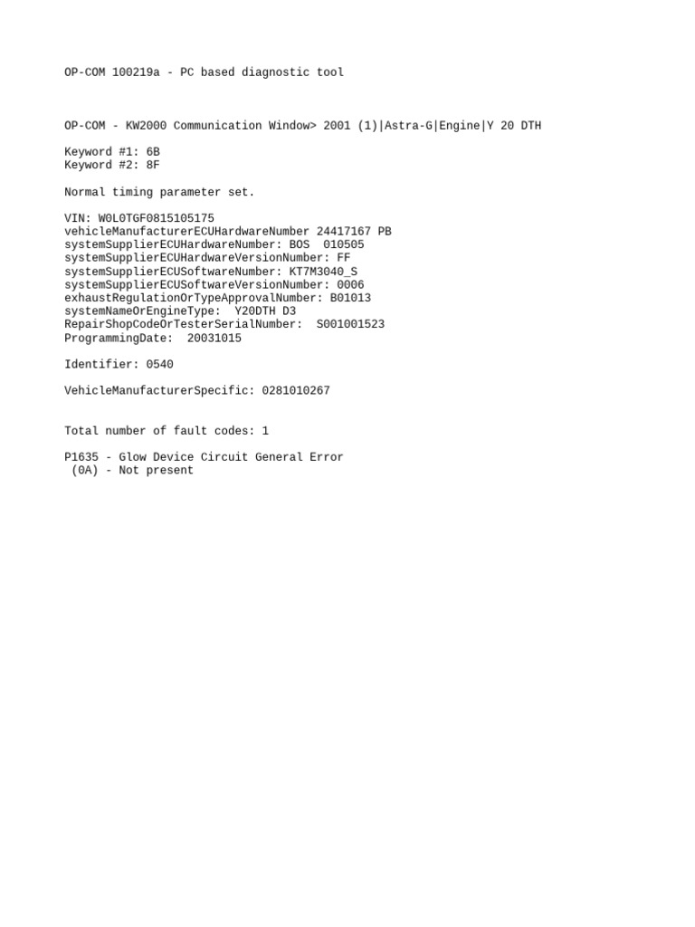 Faultcodes - 2001 (1) - Astra-G - Engine - Y 20 DTH - 202502181044 | PDF