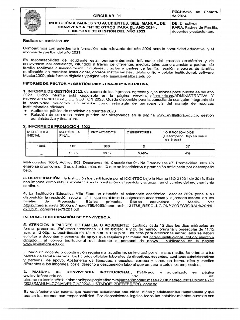 Circular N 1 para Padres de Familia | PDF