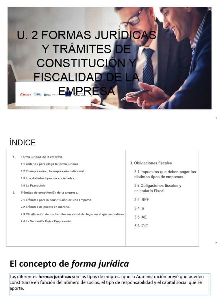 U. 2 Formas Jurídicas y Trámites de Constitución y Fiscalidad de La ...