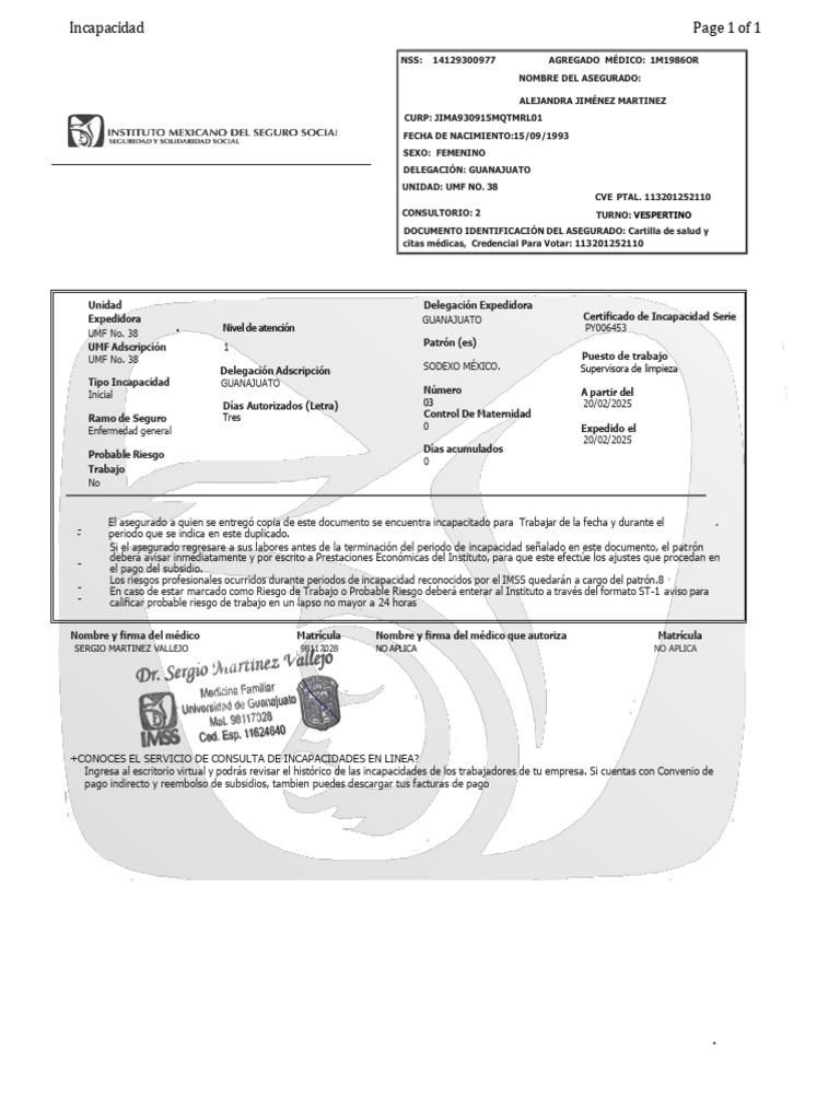 Certificado de Incapacidad Temporal | PDF