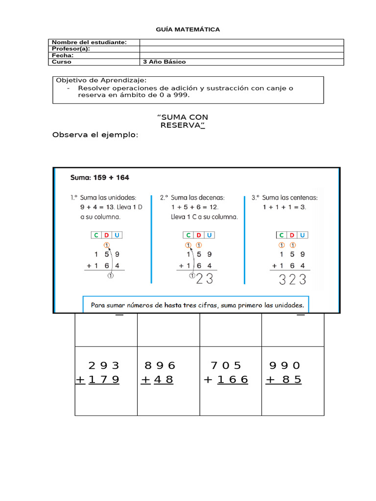 Suma y Resta con Reserva para 3° Básico | PDF