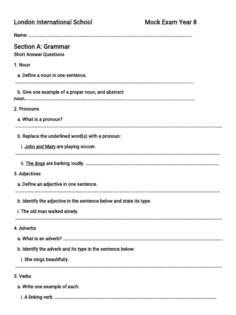 Mock Exam Year 8 London International School Pdf Adverb Noun