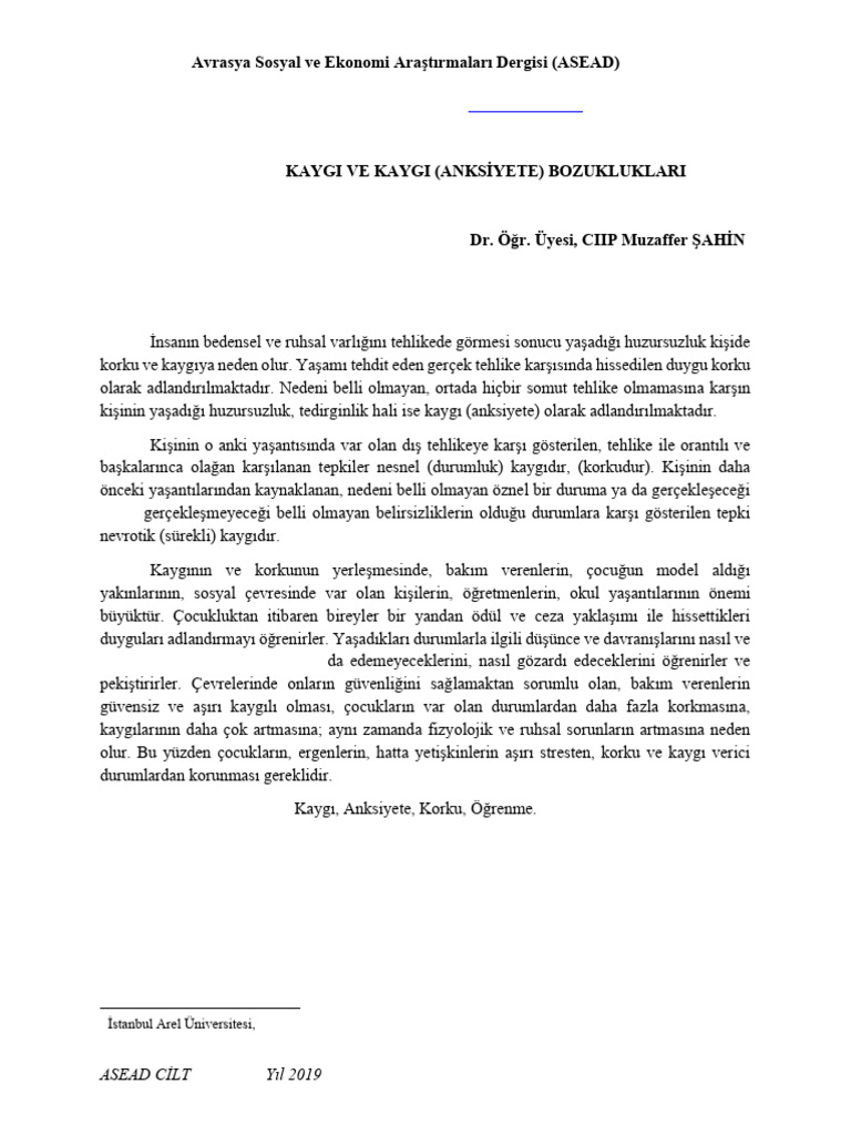 Korku, Kaygi Ve Kaygi (Anksi̇yete) Bozukluklari | PDF
