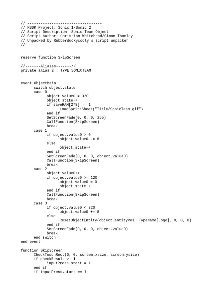 RSDK v2/v4 Sonic Team Script | PDF | Video Game Development Companies ...