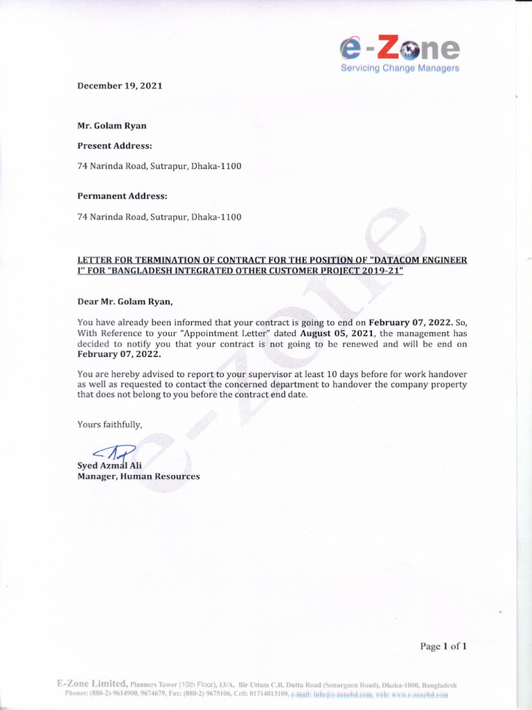 Contract Expire Letter - Golam Ryan | PDF