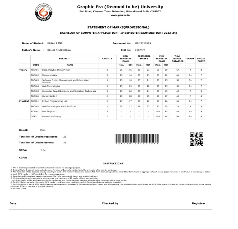 RptStuMarksheetGEUNew (3) | PDF | Computing | Computer Science