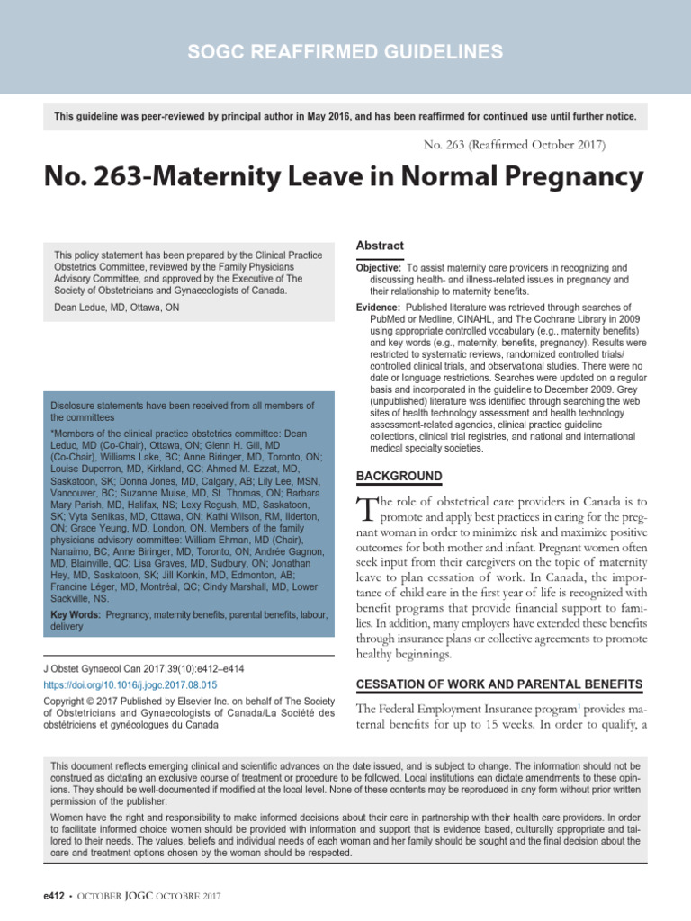 SOGC - Maternity Leave in Normal Pregnancy (2017) | PDF | Childbirth ...