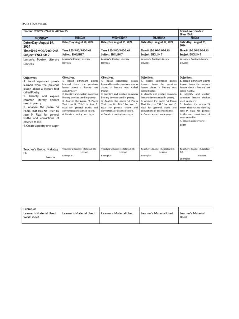 Grade 7 Daily Lesson Log: English & Values | PDF | Teachers | Learning