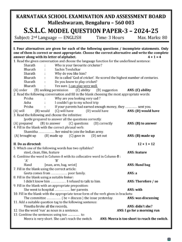 SSLC English MP 3 Key Answers 2025 | PDF